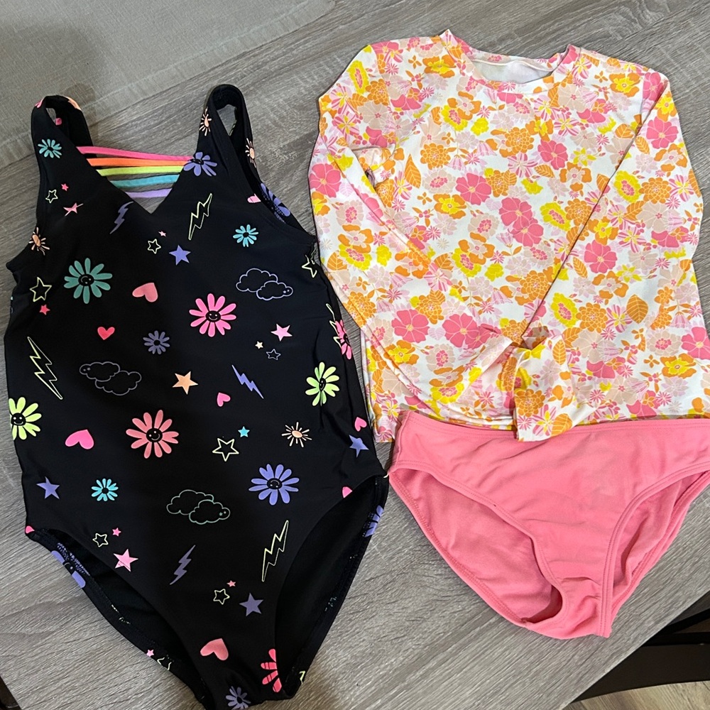 The Children’s Place Girls Black Rainbow Stripe One-Piece Swimsuit & Gap 2 Piece